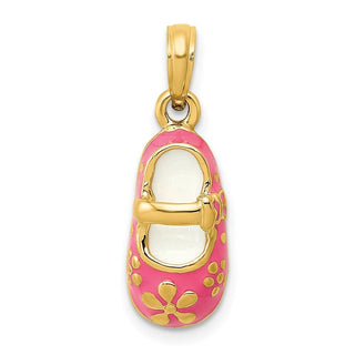 14k Yellow Gold Pink Enameled 3D Baby Shoe Pendant