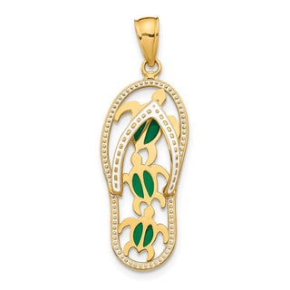 14k Yellow Gold Enamel Cut-Out Flip Flop w/Sea Turtles Pendant