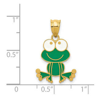 14k Yellow Gold Green and White Enameled Frog Pendant