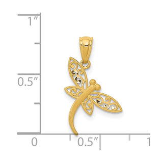 14k Yellow Gold Satin Diamond-Cut Dragonfly Pendant