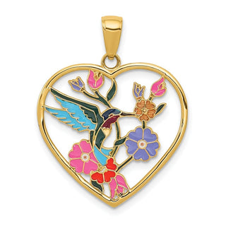 14k Yellow Gold Enameled Hummingbird w/Flowers Heart Pendant