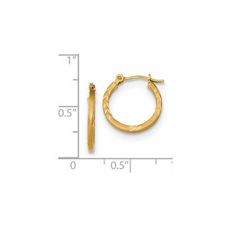 14k Yellow Gold 15.15mm Satin and Polished Diamond-cut Design Hoop Earrings