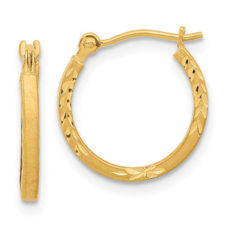 14k Yellow Gold 15.15mm Satin and Polished Diamond-cut Design Hoop Earrings