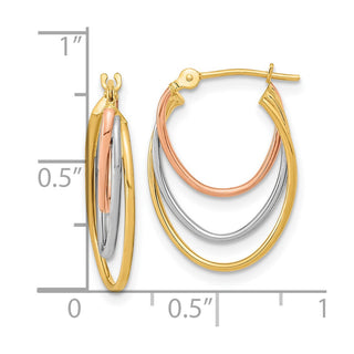 14k Tri-Color Gold 21.2mm Diamond-cut Graduated 3 Ring Hoop Earrings
