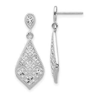 14K White Gold 27.5mm Rhodium-Plated Diamond-Cut Cutout Teardrop Dangle Earrings