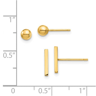 14k Yellow Gold 9mm Bar and 3mm Ball Stud Earrings Set