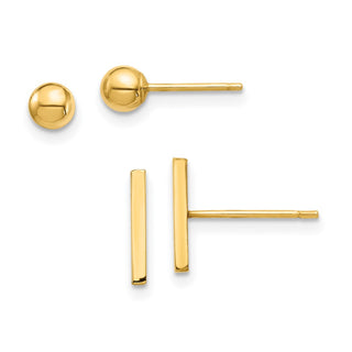 14k Yellow Gold 9mm Bar and 3mm Ball Stud Earrings Set