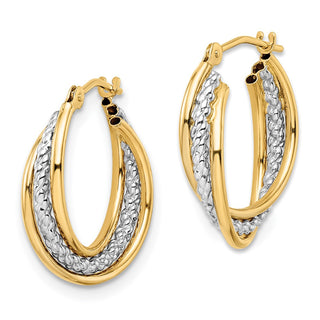 14k Yellow Gold w/ White Rhodium-Plating 18.75mm Polished Textured Hoop Earrings