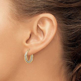 14k Yellow Gold w/ White Rhodium-Plating 18.75mm Polished Textured Hoop Earrings