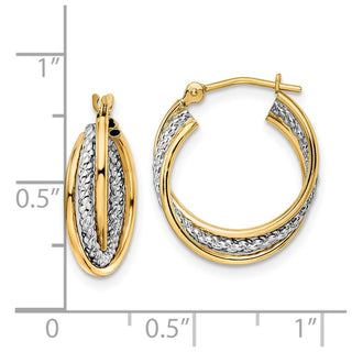 14k Yellow Gold w/ White Rhodium-Plating 18.75mm Polished Textured Hoop Earrings