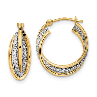 14k Yellow Gold w/ White Rhodium-Plating 18.75mm Polished Textured Hoop Earrings