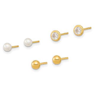 14k Gold 3.5mm 3 Pair Set of Ball Stud Earrings Cultured Freshwater Pearl & CZ