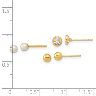 14k Gold 3.5mm 3 Pair Set of Ball Stud Earrings Cultured Freshwater Pearl & CZ