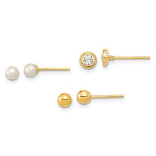 14k Gold 3.5mm 3 Pair Set of Ball Stud Earrings Cultured Freshwater Pearl & CZ