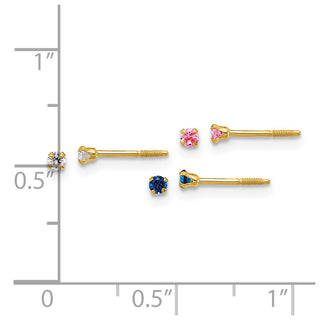 14k Gold 2mm Polished White/Pink/Blue CZ Screwback Stud Set of 3 Pair Earrings