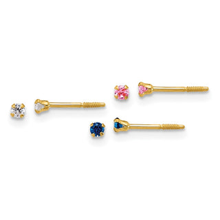 14k Gold 2mm Polished White/Pink/Blue CZ Screwback Stud Set of 3 Pair Earrings
