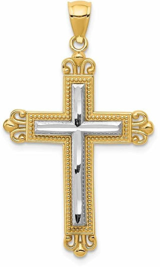 14k Yellow and White Gold Fleur De Lis Cross Pendant