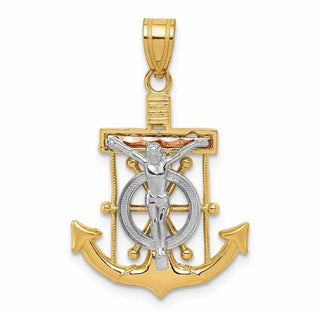 14k Yellow, White & Rose Gold Diamond-Cut w Texture Mariners Cross Pendant C3930