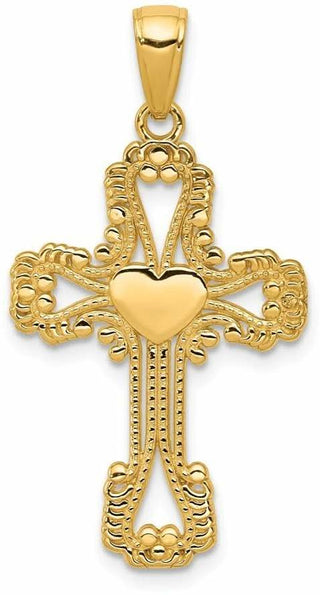 14k Yellow Gold Beaded Cross with Heart Pendant
