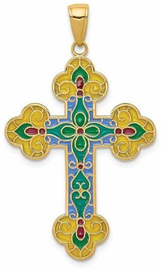 14k Yellow Gold Acrylic Flower Center Budded Cross Pendant