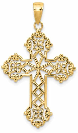 14k Yellow Gold Lacey Budded Cross Pendant