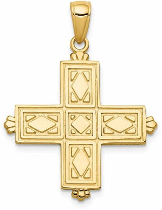14k Yellow Gold Etched Square Cross with Crown Tips Pendant