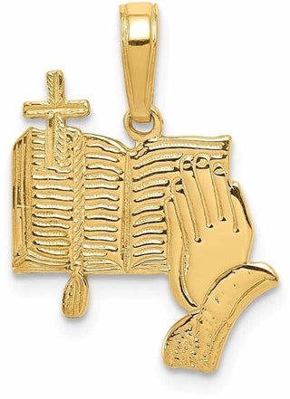 14k Yellow Gold Bible, Praying Hands, and Cross Pendant