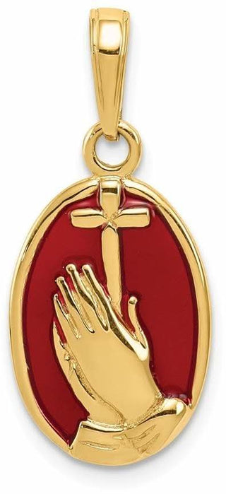 14k Yellow Gold Red Translucent Acrylic Praying Hands and Cross Pendant