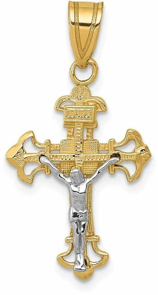 14k Yellow and White Gold Inri Fleur De Lis Crucifix Pendant D3675