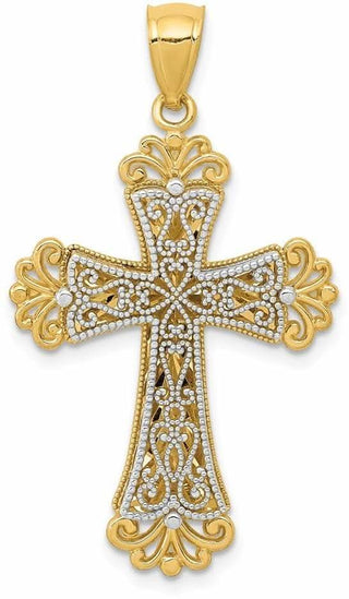 14k Yellow and White Gold Polished 2 Level Budded Cross Pendant