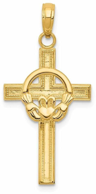 14k Yellow Gold Polished Claddagh Cross Pendant