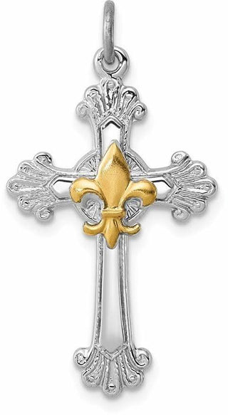 Rhodium-Plated & Yellow 925 Sterling Silver Cross & Fleur De Lis Pendant