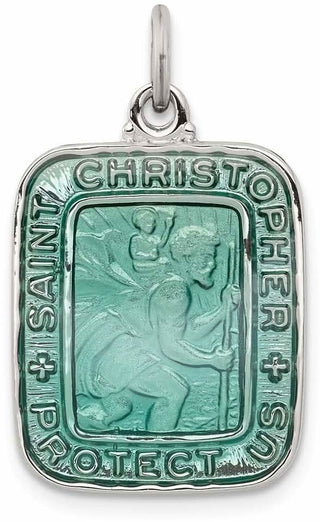 925 Sterling Silver Teal Enamel Square St. Christopher Medal Pendant