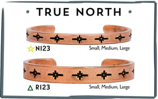 True North solid copper bracelets by Nik Lub — Narrow N123 above, Regular R123 below