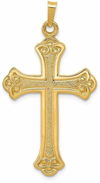 14k Yellow Gold Textured and Polished Fleur De Lis Cross Pendant XR1449