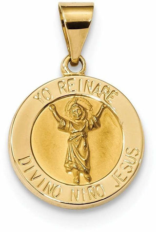 14k Yellow Gold Polished and Satin Hollow Divino Nino Round Medal Pendant XR1670