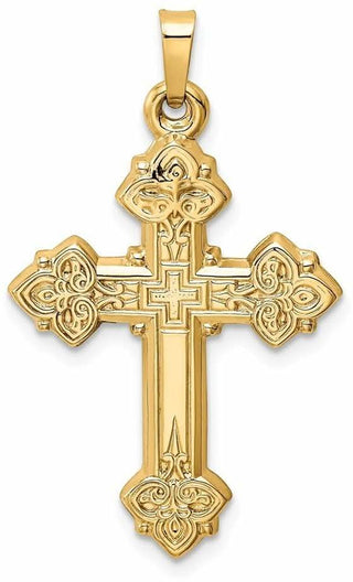 14k Yellow Gold Budded Hollow Cross Pendant